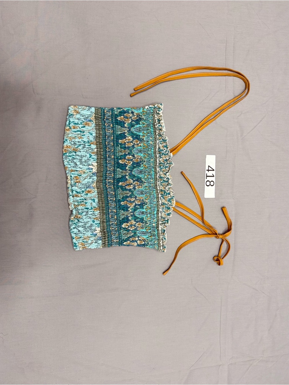 Smocked Boho Print Crop Top with Tie Straps - Teal